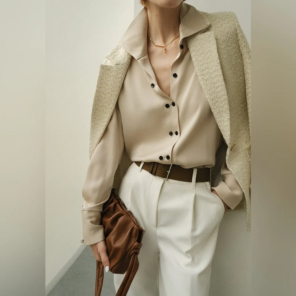 STYLEWE Long Sleeve Double Button Collar Blouse Women Size XL Tan - Picture 2 of 5